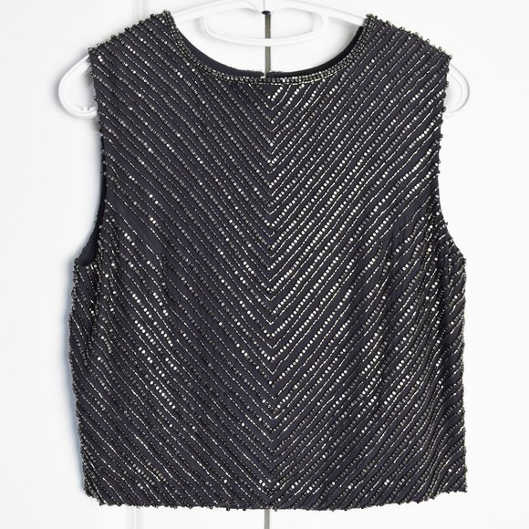 Karina Grimaldi Tops - Gorgeous Fancy classy top, bead embroidery sleeveless blouse S, gray silk top